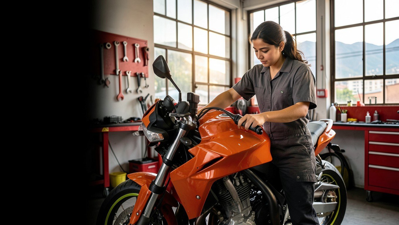 Mecánica inspeccionando una motocicleta en el taller Motosi, en Bogotá